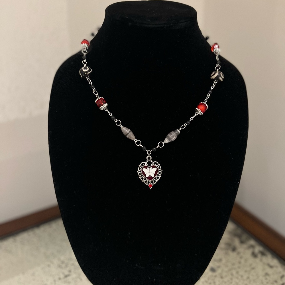 BUTTERFLY EFFECT - Handmade Red and Silver Beaded Necklace w/ Butterfly Pendant